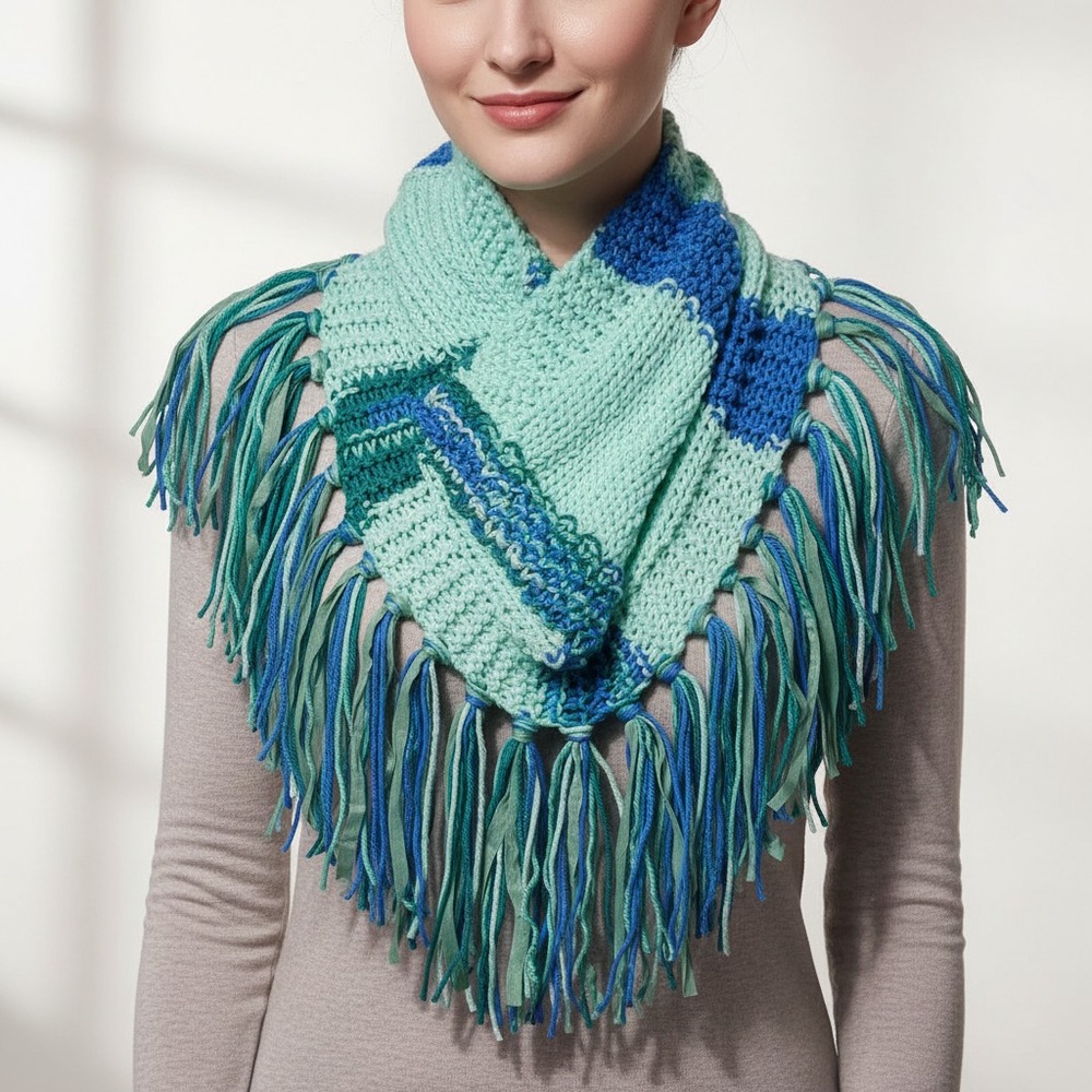 NEW Hand Knitted Green Blue Boho Cowl Scarf Fringe Artsy Cottage Coastal Fairy